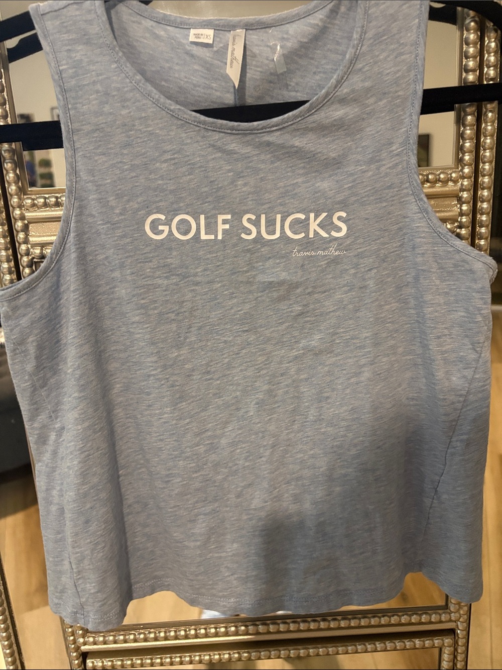 Travis Mathew Light Blue Women's Tank Top with "GOLF SUCKS" Print